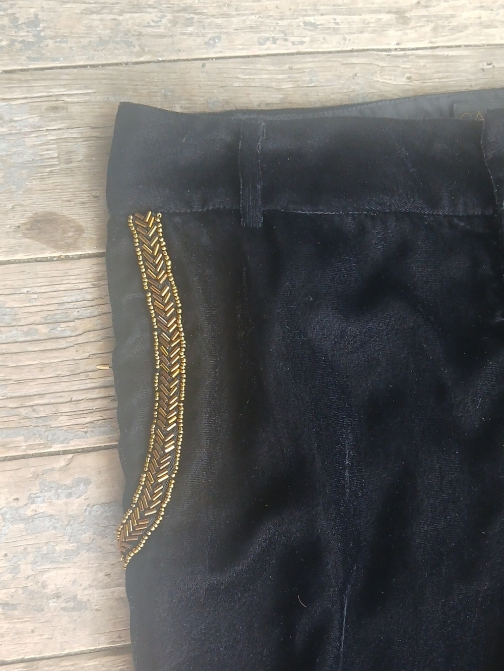 Carolina K Black Velvet High Rise Wide-Leg Pants with Gold Trim - Picture 5 of 7